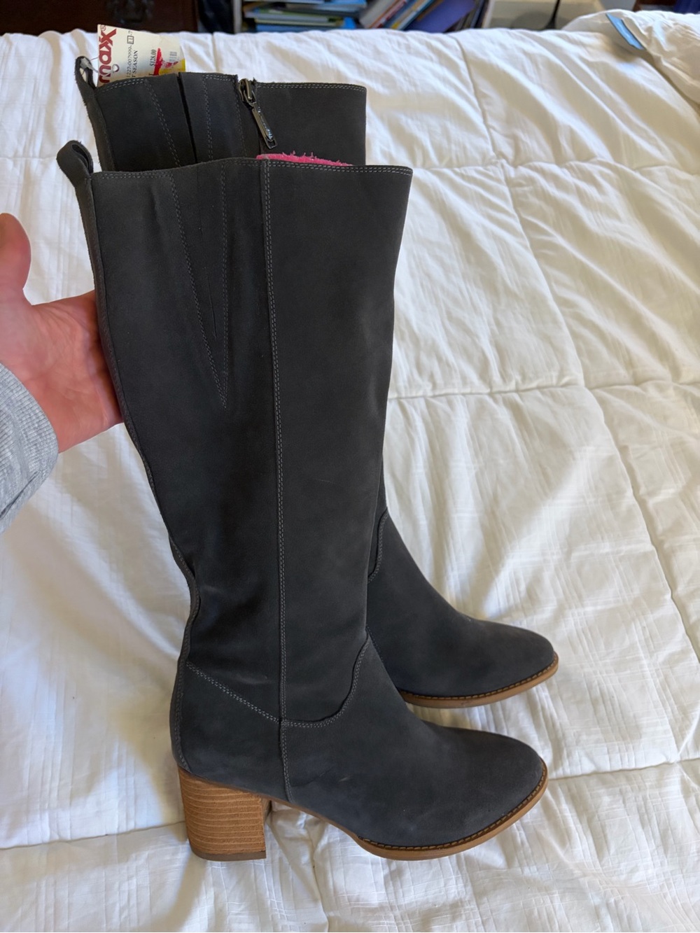Blondo Gray Suede Mid-Calf Block Heel Boots